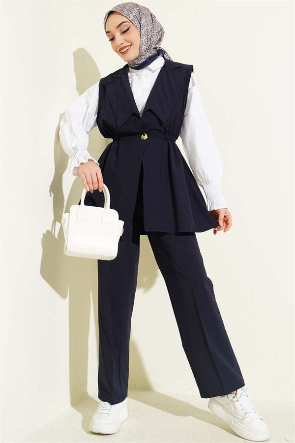 Two Navy Blue 2 Piece Sets with Drawstring Waist Vests