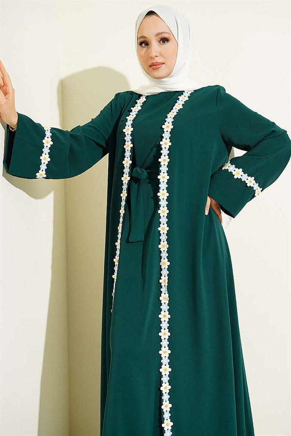 Floral Patterned Belted Abaya Emerald