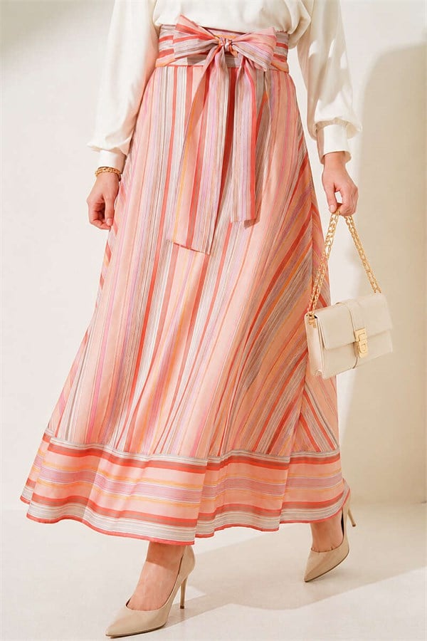 Striped Belted Skirt, Baby Pink