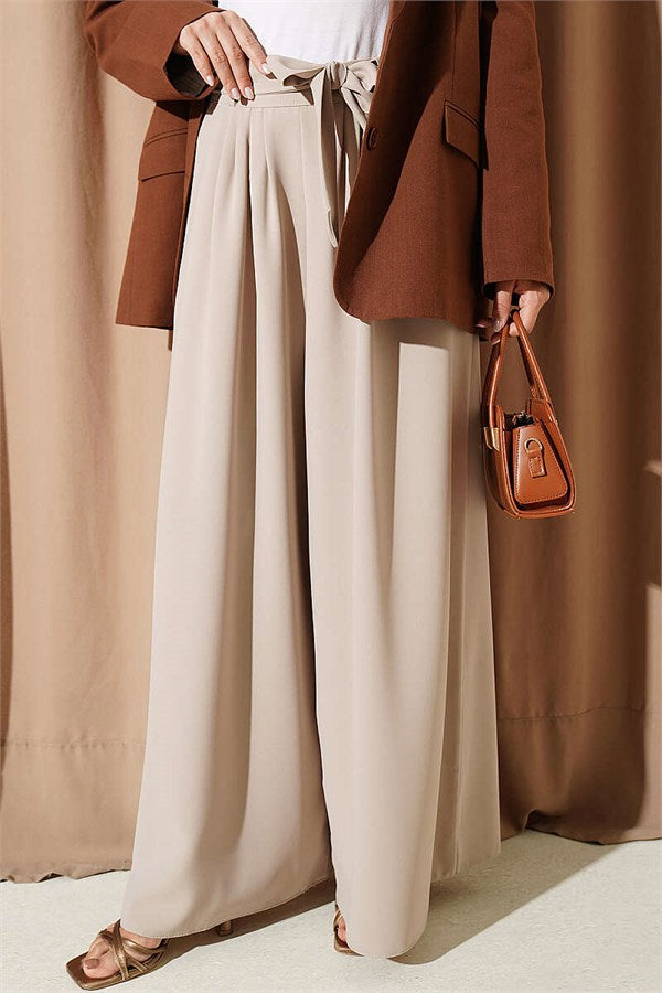 Pleated Detail Wide Leg Fabric Trousers Beige