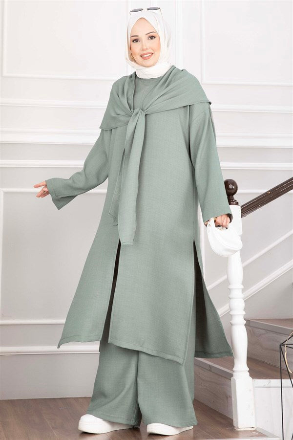 3 Piece Set with Shawl Detail and Slits, Mint