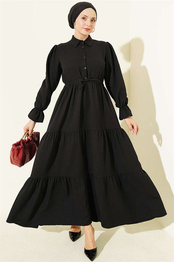 Half-Button Waist Tunnel Dress Black