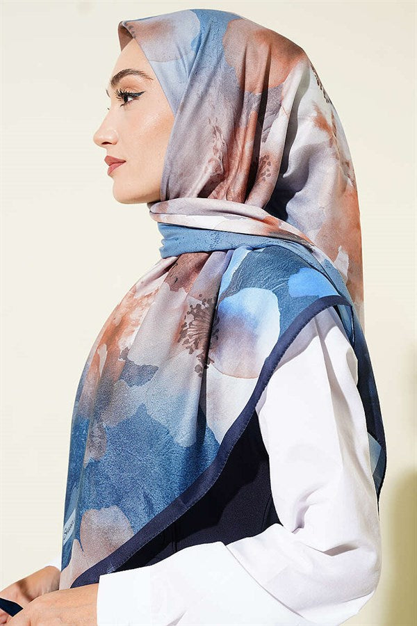 120 cm Flower Pattern Scarf, Navy Blue
