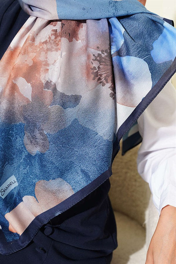120 cm Flower Pattern Scarf, Navy Blue