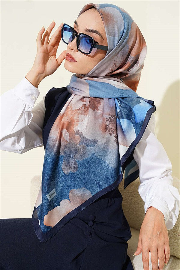 120 cm Flower Pattern Scarf, Navy Blue