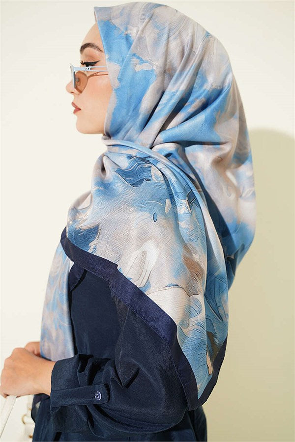 120 cm Pastel Flora Scarf Navy Blue