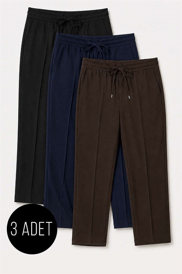 Assorted Set of 3 Slim-Fit Trousers with Elastic Waistband