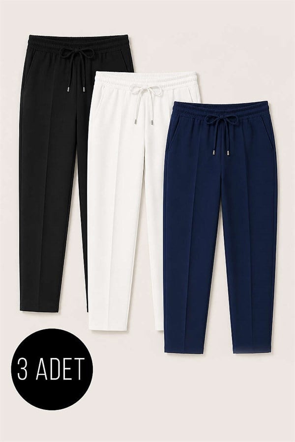 Assorted Set of 3 Elastic Waist Slim-Fit Trousers (6 pieces)