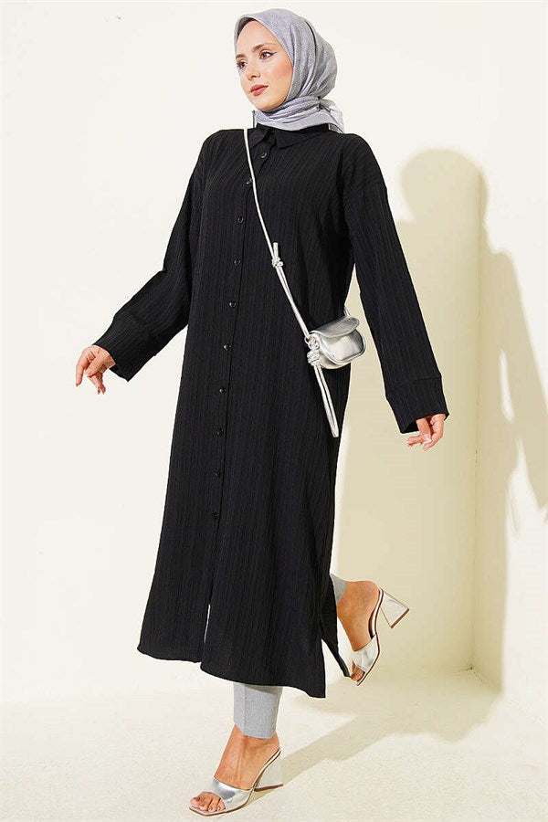 Tree Bark Slit Detail Long Shirt Black