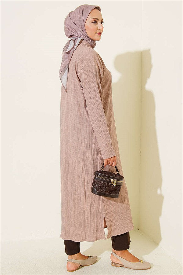 Tree Bark Slit Detail Long Shirt Beige