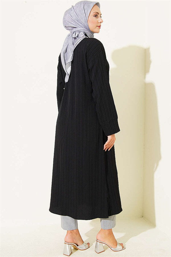 Tree Bark Slit Detail Long Shirt Black