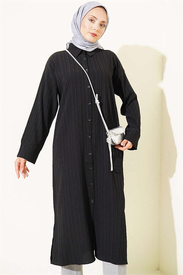 Tree Bark Slit Detail Long Shirt Black