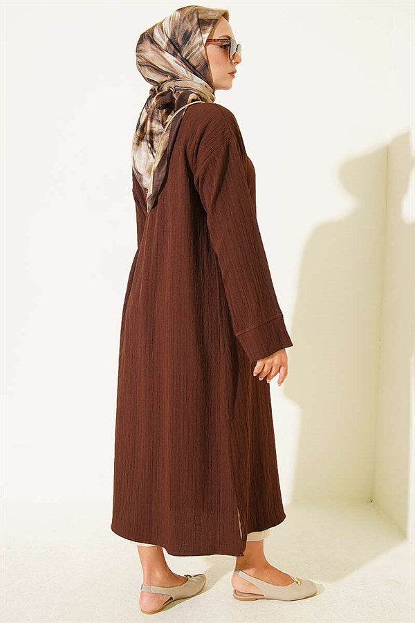 Long Shirt with Tree Bark Slit Detail, Brown
