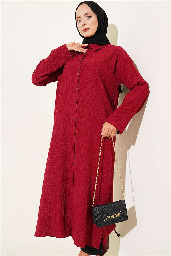 Tree Bark Slit Detail Long Shirt Burgundy