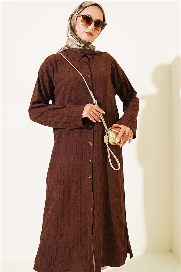 Long Shirt with Tree Bark Slit Detail, Brown