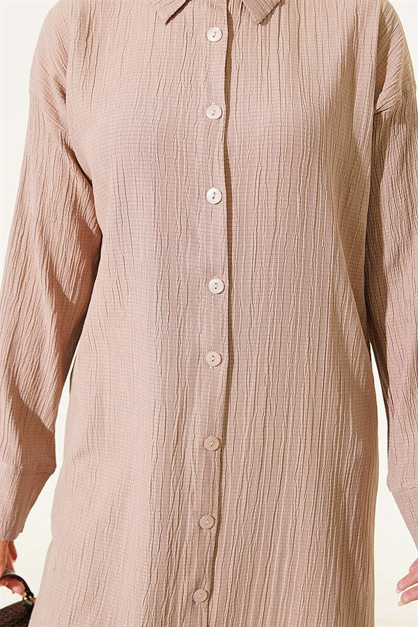 Tree Bark Slit Detail Long Shirt Beige