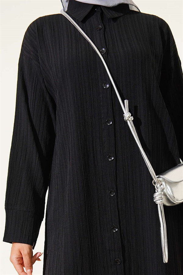 Tree Bark Slit Detail Long Shirt Black