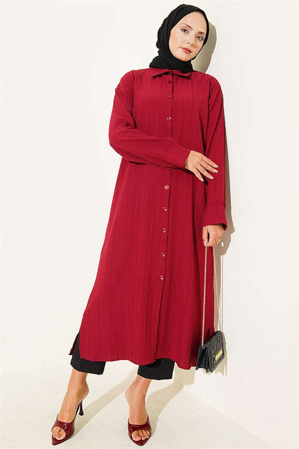 Tree Bark Slit Detail Long Shirt Burgundy