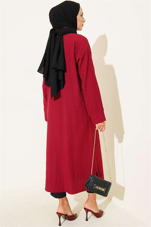 Tree Bark Slit Detail Long Shirt Burgundy