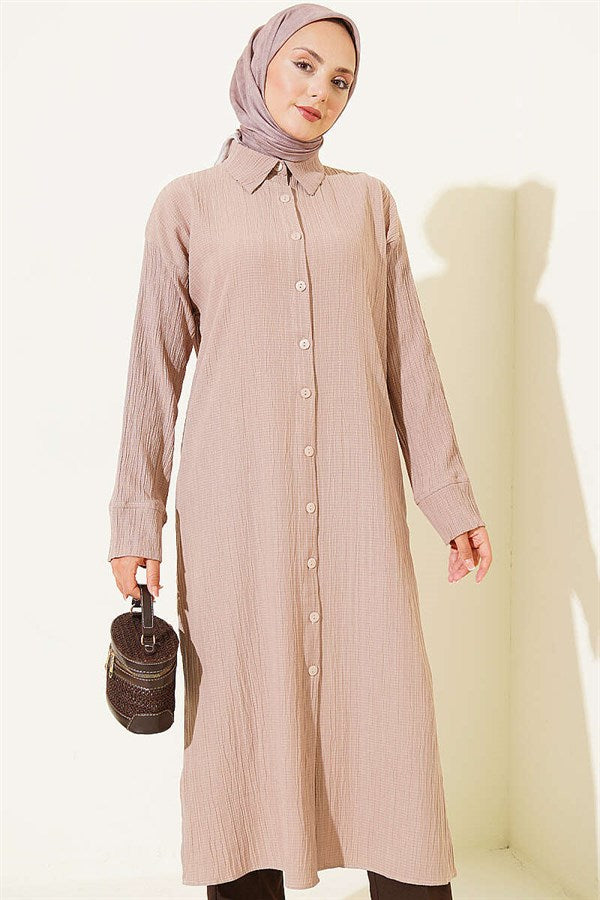 Tree Bark Slit Detail Long Shirt Beige