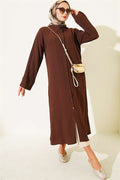 Long Shirt with Tree Bark Slit Detail, Brown