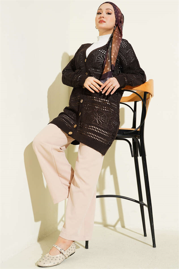 Dark Brown Openwork Knit Cardigan with Wooden Buttons