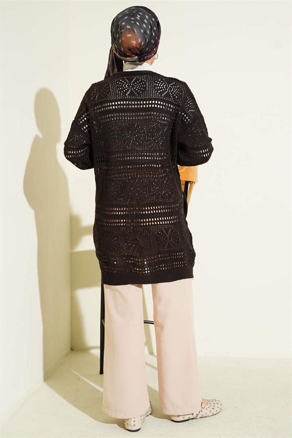 Dark Brown Openwork Knit Cardigan with Wooden Buttons
