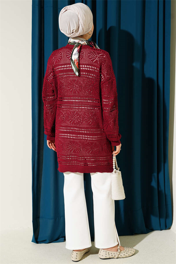Burgundy Openwork Knit Cardigan with Wooden Buttons