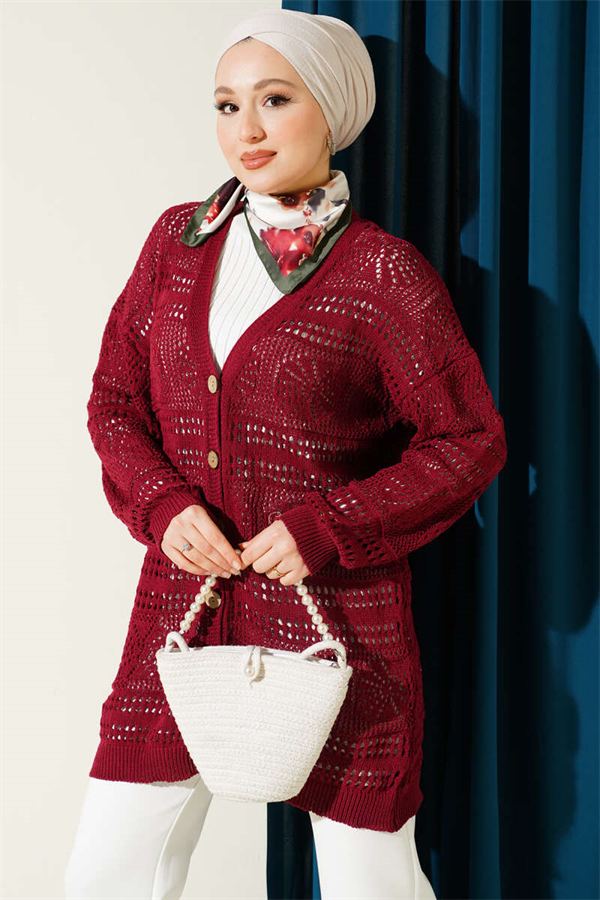 Burgundy Openwork Knit Cardigan with Wooden Buttons