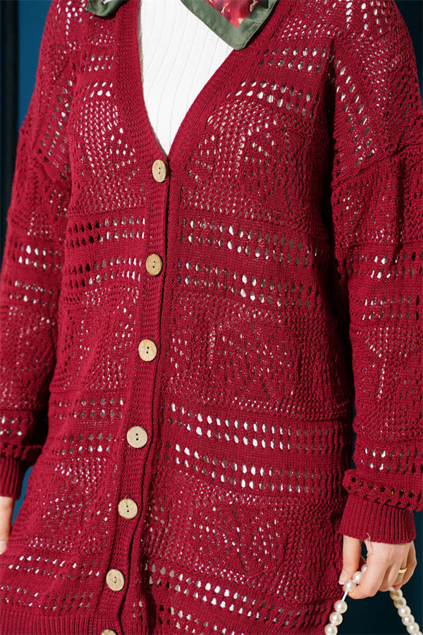 Burgundy Openwork Knit Cardigan with Wooden Buttons