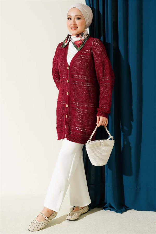 Burgundy Openwork Knit Cardigan with Wooden Buttons