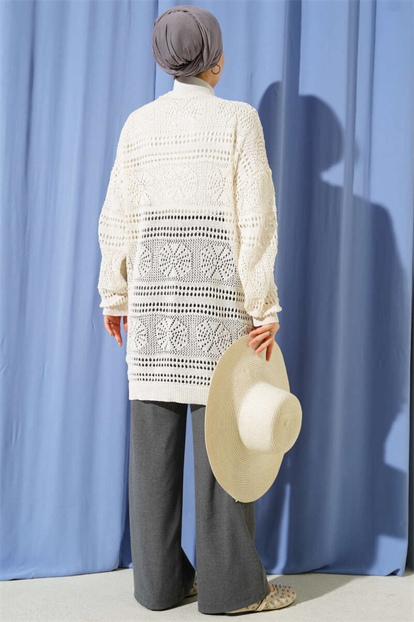 Wooden Buttoned Openwork Knit Cardigan, Ecru