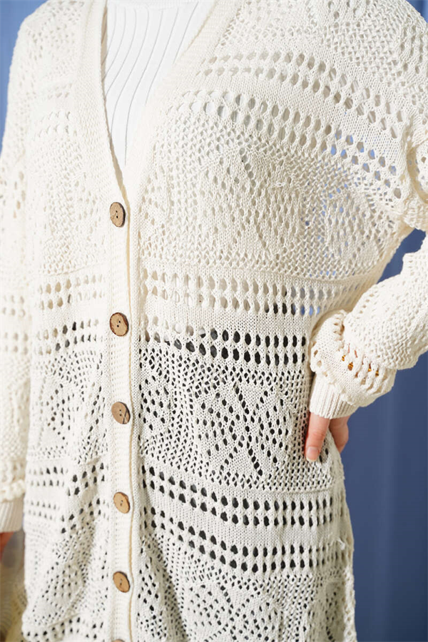 Wooden Buttoned Openwork Knit Cardigan, Ecru