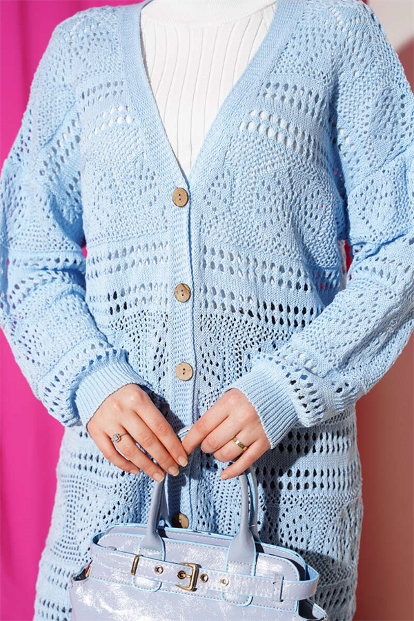 Blue Openwork Knit Cardigan with Wooden Buttons