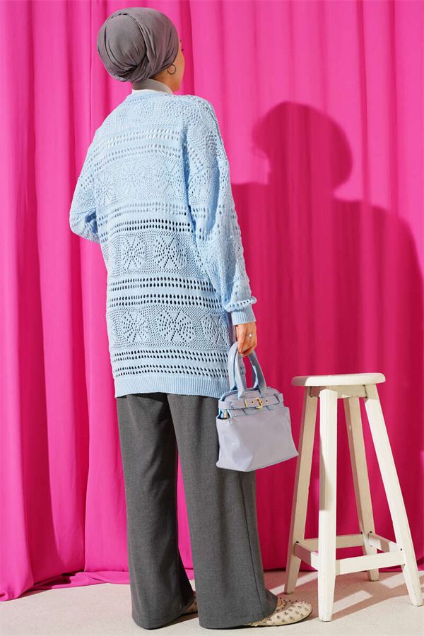 Blue Openwork Knit Cardigan with Wooden Buttons