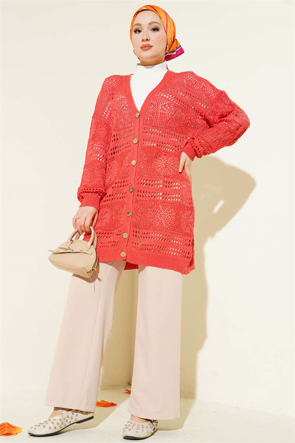 Coral Openwork Knit Cardigan with Wooden Buttons