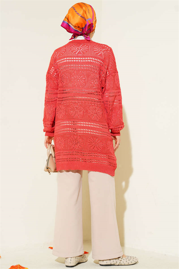 Coral Openwork Knit Cardigan with Wooden Buttons