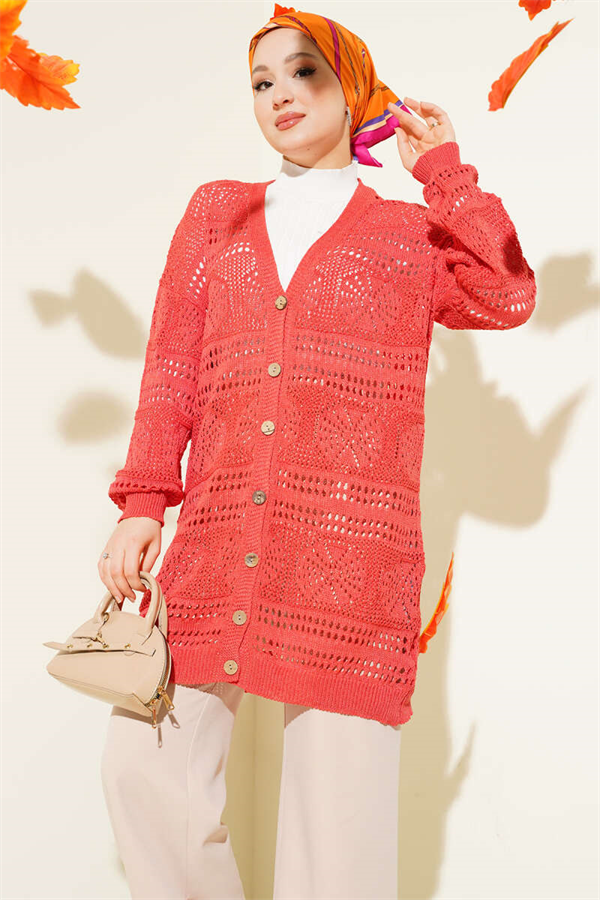 Coral Openwork Knit Cardigan with Wooden Buttons