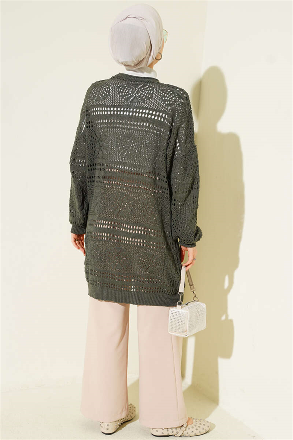 Wooden Buttoned Openwork Knit Cardigan, Dark Green
