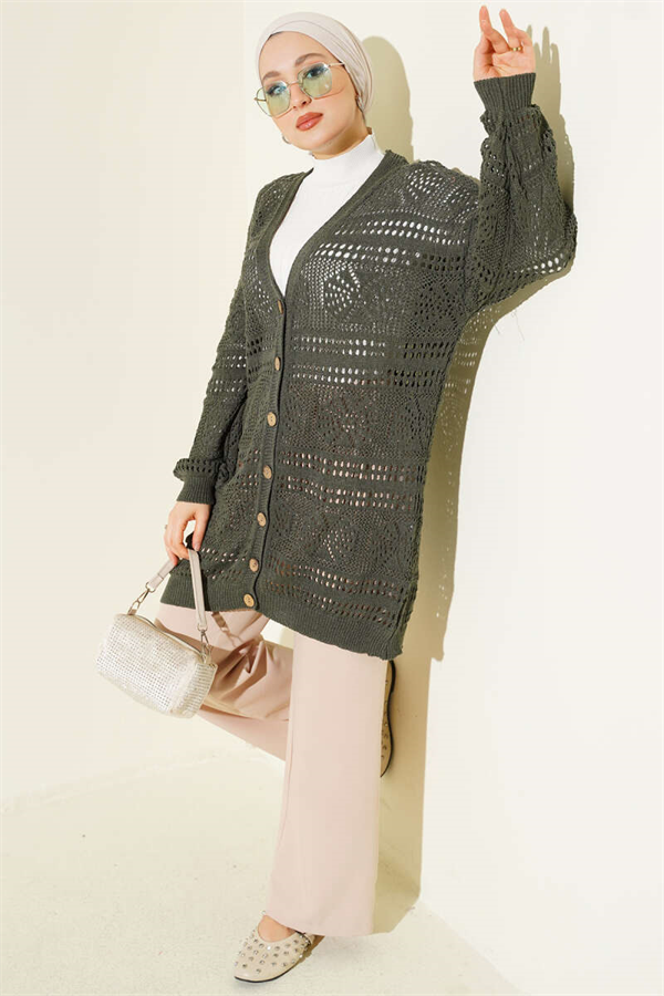 Wooden Buttoned Openwork Knit Cardigan, Dark Green