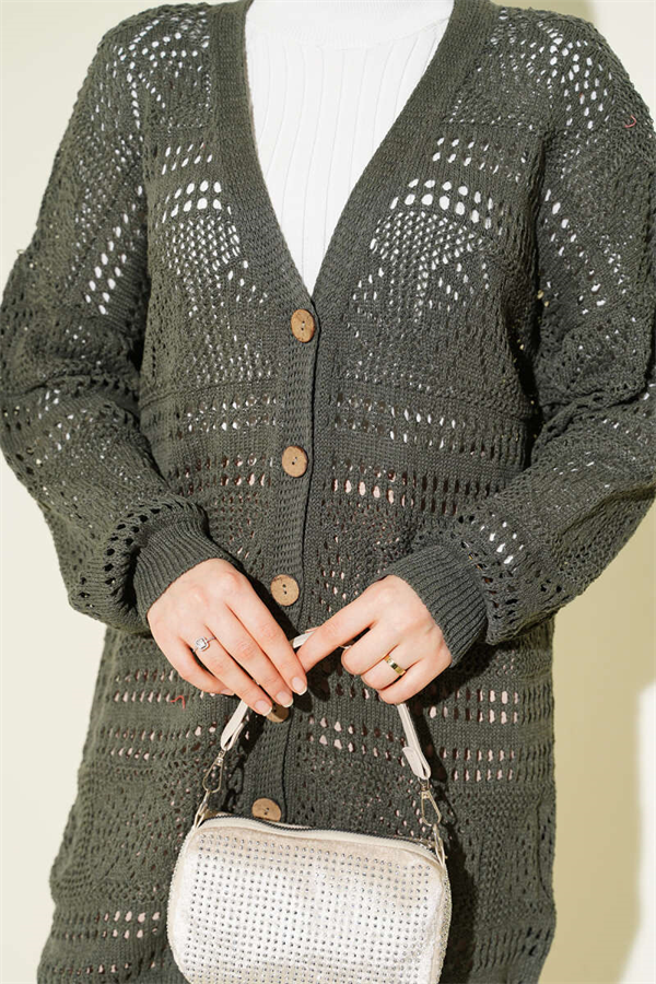 Wooden Buttoned Openwork Knit Cardigan, Dark Green