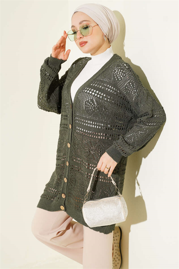 Wooden Buttoned Openwork Knit Cardigan, Dark Green