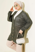 Wooden Buttoned Openwork Knit Cardigan, Dark Green