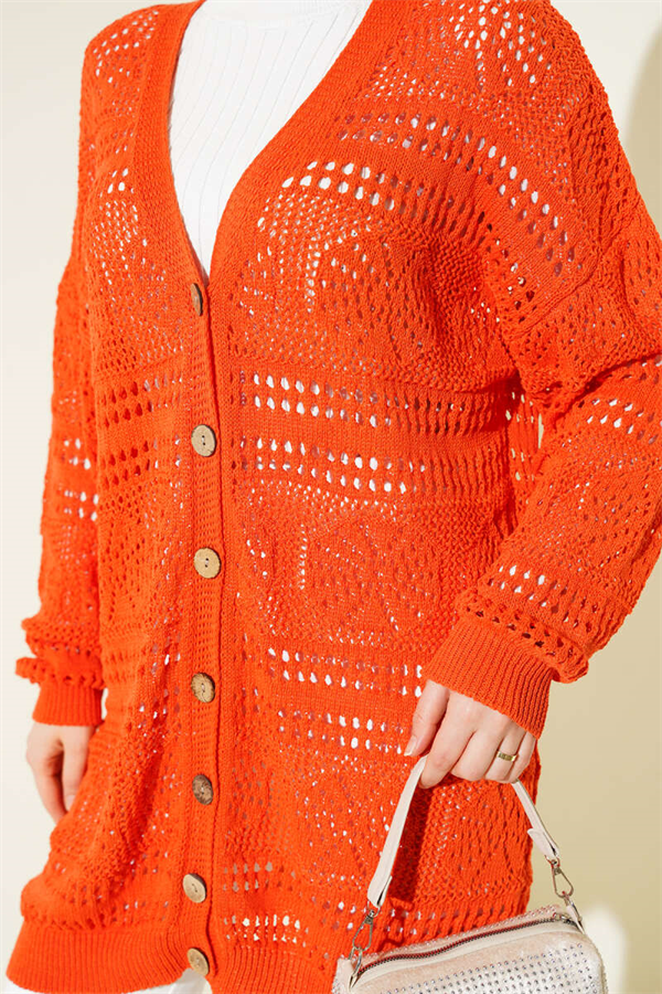 Orange Openwork Knit Cardigan with Wooden Buttons