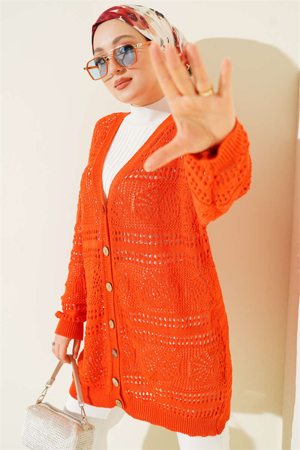 Orange Openwork Knit Cardigan with Wooden Buttons