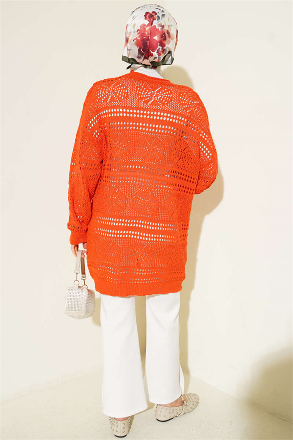 Orange Openwork Knit Cardigan with Wooden Buttons