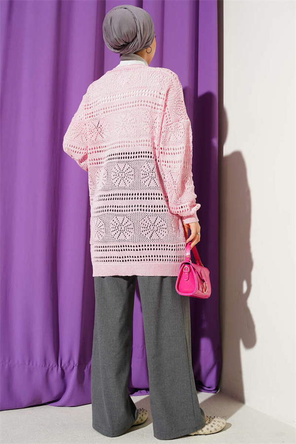 Pink Openwork Knit Cardigan with Wooden Buttons
