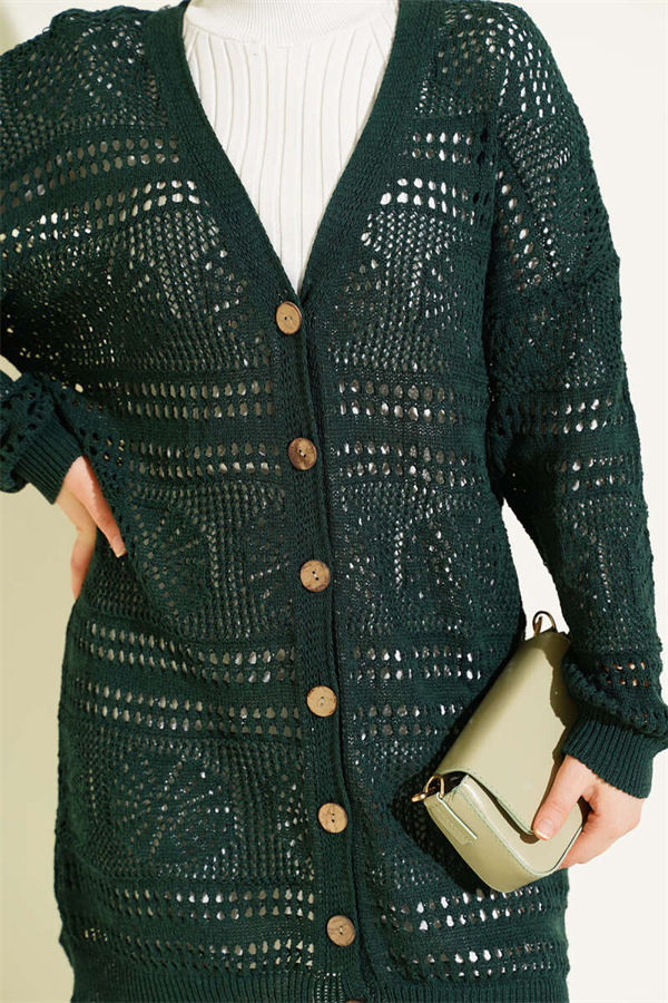Emerald Green Openwork Knit Cardigan with Wooden Buttons
