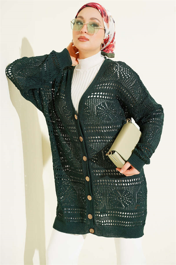 Emerald Green Openwork Knit Cardigan with Wooden Buttons
