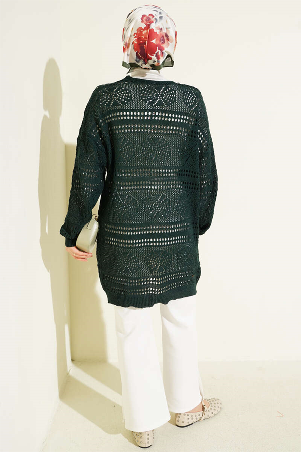 Emerald Green Openwork Knit Cardigan with Wooden Buttons